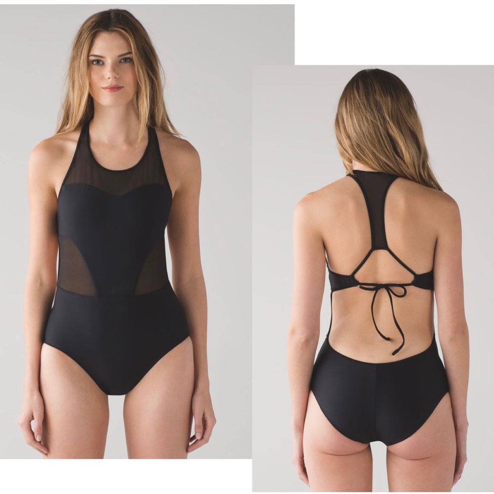 Lululemon Race With Me One Piece Black Swimsuit Sexy Mesh Open Back Size 4